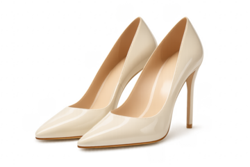 Pair of elegant beige high heel shoes on transparent background