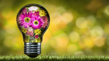 Vibrant Light Bulb Filled with Colorful Flowers on Green Grass Background