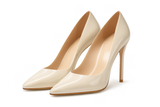Pair of elegant beige high heel shoes on transparent background