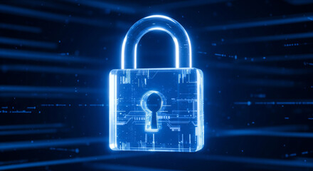 A luminous blue digital padlock symbolizes robust cybersecurity and data protection, a perfect visual for network safety, information privacy, and secure access