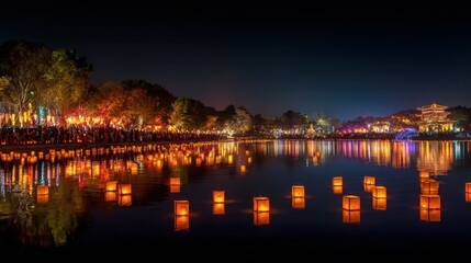 Fototapeta premium Lantern Festival at Night Along Peaceful Reflected Water Surface