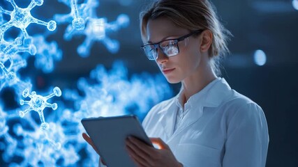 Female Scientist Using Tablet with Glowing Molecular Structures in Lab, Scientific Research and Biotechnology - Powered by Adobe