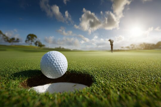Close-up of golf ball on green with golfer in distance under sunny sky