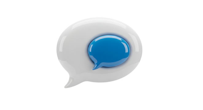 3D rendering of a glossy white speech bubble with a smaller blue speech bubble inside