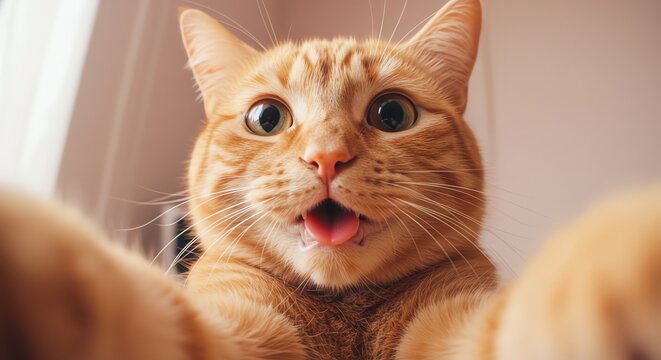 Orange cat with wide eyes and open mouth
