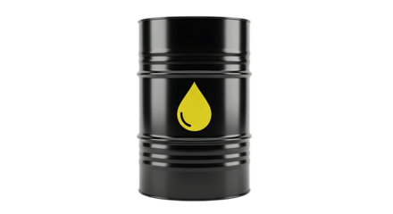 Black metal oil barrel with yellow drop symbol isolated on black background