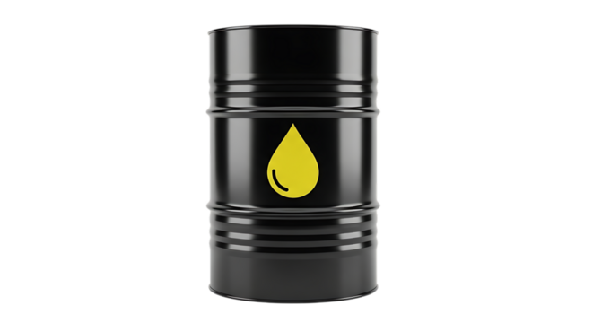 Black metal oil barrel with yellow drop symbol isolated on black background