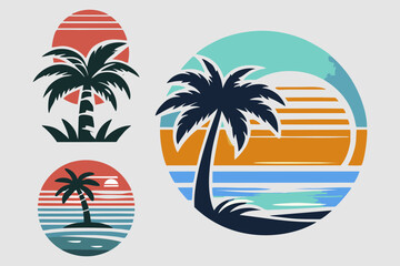 This is a vector image of a coconut tree and a beach, suitable for use in logo designs for travel companies, beaches, tourism, stickers, banners, posters, t-shirts, jackets, hats, tourists, oceans,