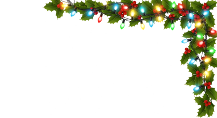 Christmas corner border of holly leaves and colorful lights