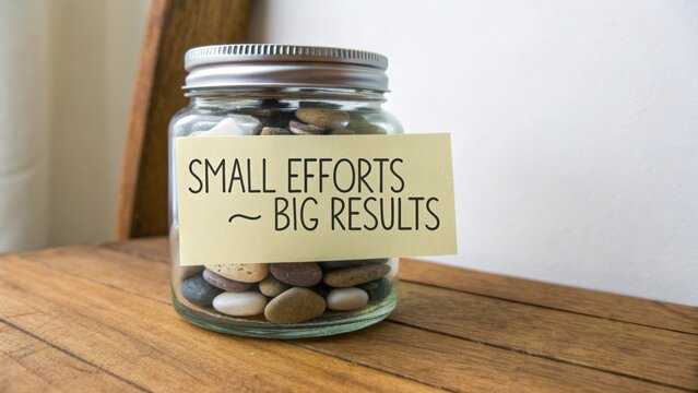 Inspiration of growth with jar full of pebbles showcasing small efforts leading to big results on wooden table