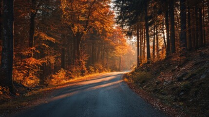 Road in autumn forest at sunset.