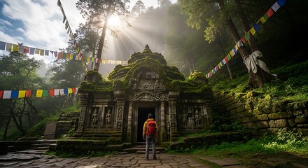 Exploring ancient temple ruins adorned with moss and prayer flags in a serene foggy forest in Nepal