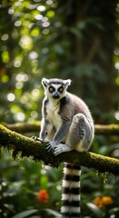 Obraz premium Ring-tailed Lemur on Branch in Lush Forest.