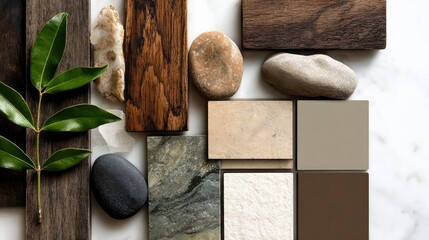 Natural stone, wood, and leaf samples
