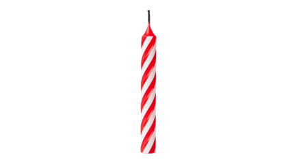 Single red and white striped birthday candle on transparent background