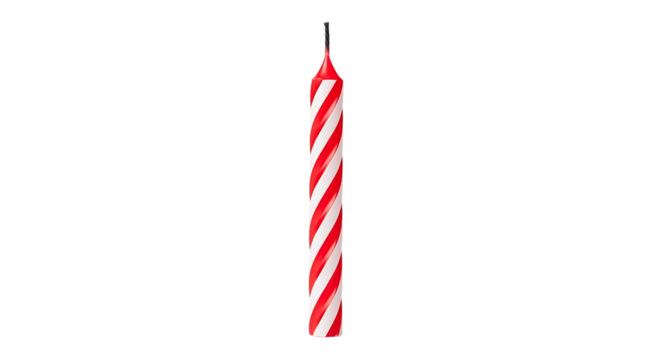 Single red and white striped birthday candle on transparent background
