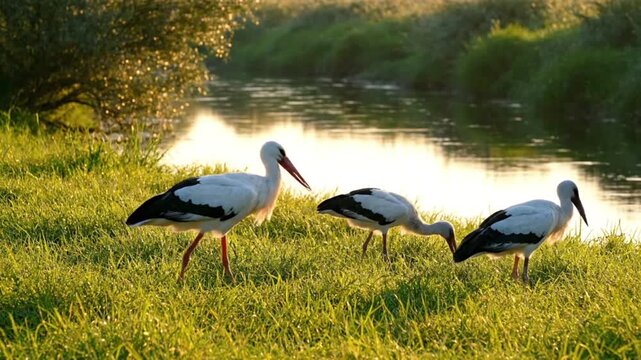 storks foraging riverbank golden light nature