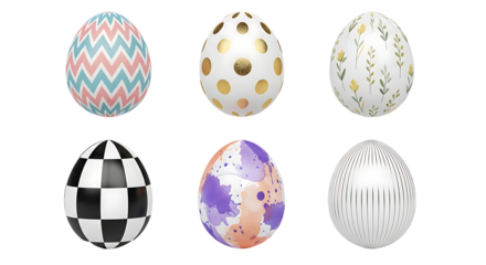 Six Easter eggs with different patterns: chevron, polka dots, floral, checkered, watercolor, and stripes.