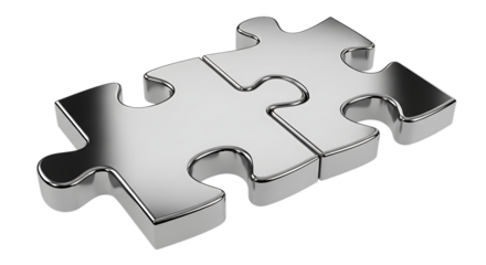 Two metallic 3D puzzle pieces interlocked together, isolated on black background.
