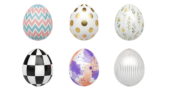 Six Easter eggs with different patterns: chevron, polka dots, floral, checkered, watercolor, and stripes.