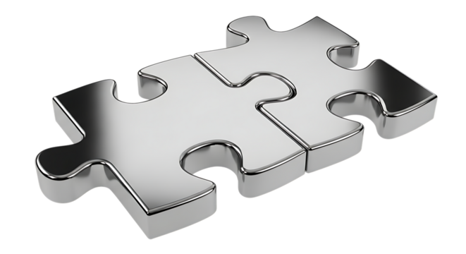 Two metallic 3D puzzle pieces interlocked together, isolated on black background.