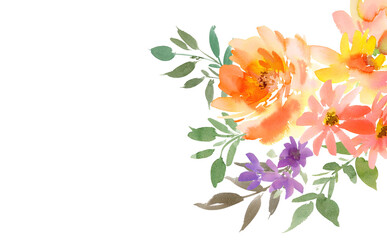 Hand painted abstract watercolor floral transparent background for wedding invitation, banner, SNS and post card. PNG file. Autumn botanical card template.