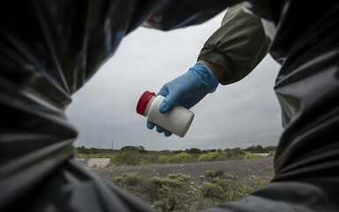 Close up of a hand holding a white and red object with a blue glove against a blurry landscape background illustration