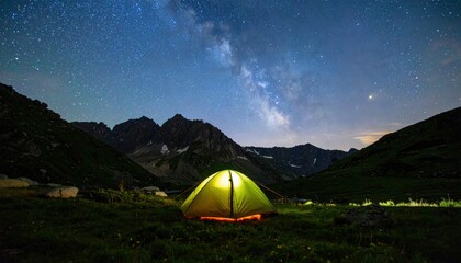 Illuminated Tent Under a Starry Night Sky in a Mountain Valley