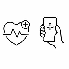 Heart health icon symbol, and handphone holding icon symbol for health app theme 