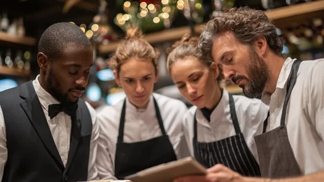 Restaurant Team Planning: A focused team of culinary professionals and service staff collaborates intently over a shared tablet in a warmly lit restaurant, planning the evening ahead. 