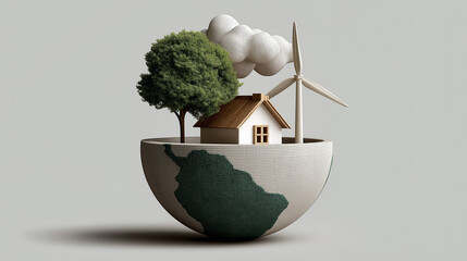 Eco-friendly Haven: A conceptual view of a sustainable house with a tree, wind turbine and clouds residing on the world, conveying eco-consciousness and sustainability.