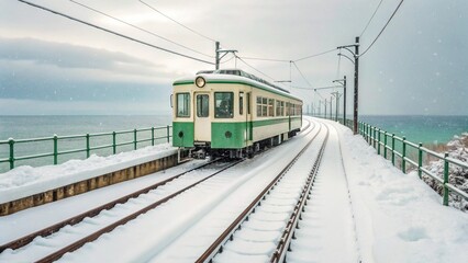 Obraz premium Enoden Train Crossing Railway by the Ocean in Kamakura Japan During Winter