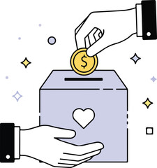 Hand putting coin in donation box isolated on white background
