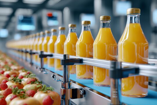 Assembly line of juice bottles and fresh produce in modern factory