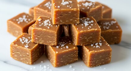 A stack of rich, caramel-colored fudge squares, studded with flecks of sea salt, displays a delectable array of sweet treats.