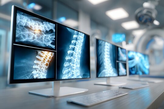 Medical imaging monitors displaying x-ray scans in a modern hospital environment