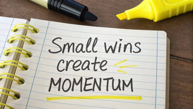 Inspirational quote on notebook page highlighting importance of small victories in creating significant progress and forward momentum