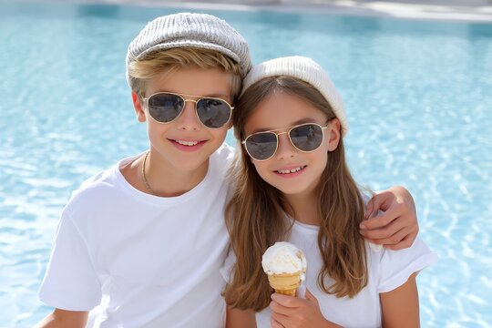 Smiling caucasian kids enjoying summer by the pool with ice cream