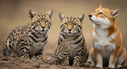 Obraz premium Two wild ocelots and a fox sitting closely together on the ground, calmly observing a small patterned bird standing in front of them
