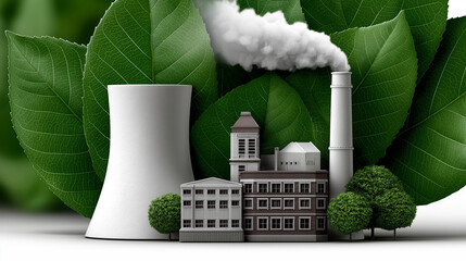 Eco-Friendly Power: An environmentally conscious factory scene symbolizes sustainable industry, with verdant leaves embracing industrial structures. A visual testament to eco-friendly practices.