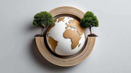 World and Tree Environmental Concept: A striking conceptual image presenting a spherical Earth embraced by a circular wooden frame and flanked by two miniature trees.
