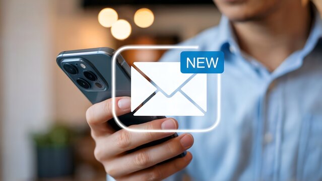 Man holding smartphone receiving new email notification, digital communication and connectivity concept for modern business and personal life