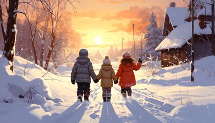 Three children holding hands walking down a snowy path at sunset with warm light