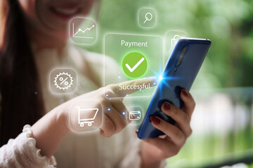 Asian Woman Enjoying Successful Mobile Payment Online Shopping with Smartphone Technology Using...