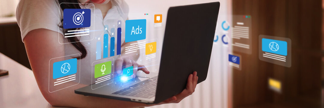Business Strategy Using Laptop Computer Digital Marketing SEO for Growth Analysis and Planning Online Advertising Management For Asian Women - Powered by Adobe
