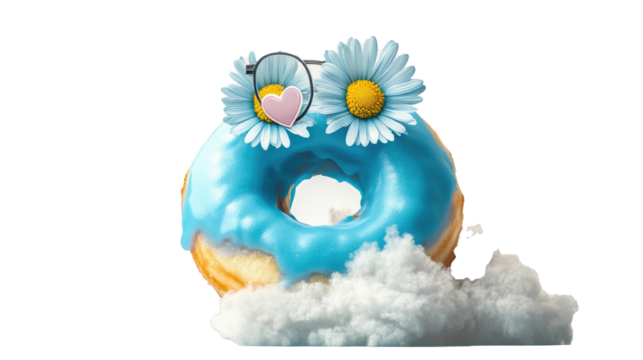 A baby blue daisy pops out of a fluffy donut cloud wearing heart-shaped glasses, symbolizing sugary charm and sky-high fun, on white background. png