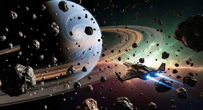 Spacecraft Navigating Asteroid Field.