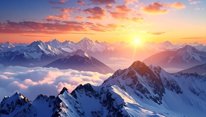 Breathtaking aerial view of majestic snow-capped mountains at dawn with vibrant sky and clouds