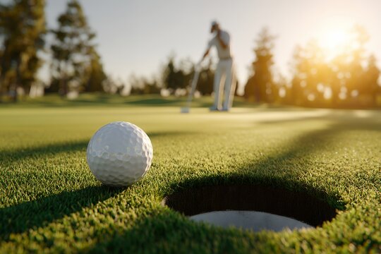 Male golfer putting on sunny golf course at sunset