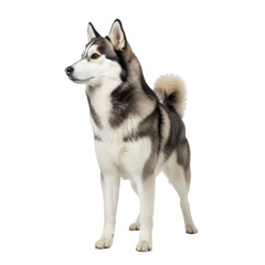 Fototapeta premium A majestic Siberian Husky stands alert, showcasing its striking black and white coat against a pure white background.